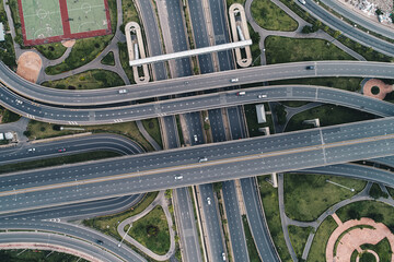 Aerial view city junction transport road with vehicle