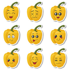 Set of stickers yellow pepper with kawaii emotions. Flat vector illustration of a pepper with emotions On a white background.