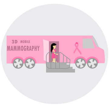 Vector Of Women Waiting For Mobile Breast Cancer Screening Or Examining, Concept Of Mobile Mammography.