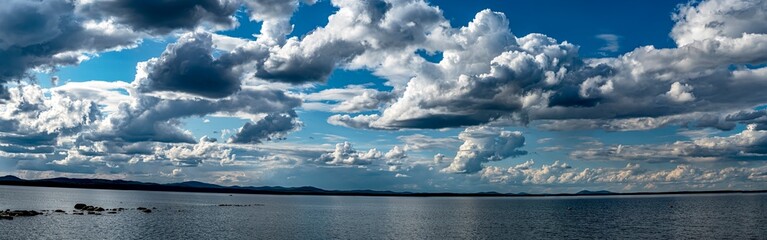 blue sky with white clouds over lake