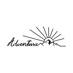 Adventure hand drawn text with mountain view. Vector landscape illustration.