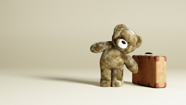 Brown cute teddy bear standing near vintage suitcase, 3d rendering