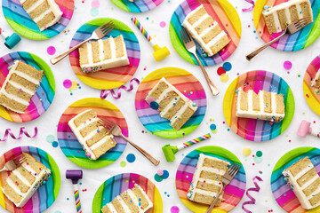 Birthday party background with birthday cake slices - obrazy, fototapety, plakaty