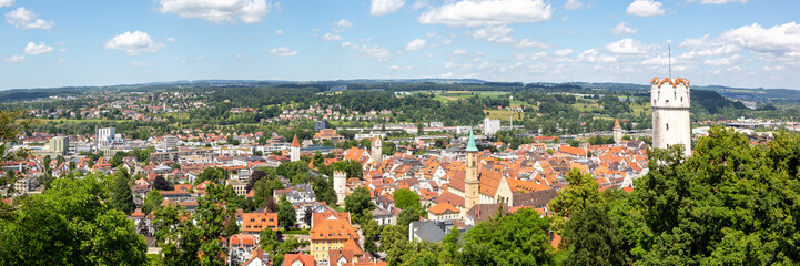 Fototapeta na wymiar View of Ravensburg city from above with Mehlsack Turm tower and old town panorama in Germany