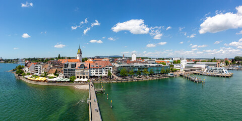 Friedrichshafen waterfront panorama with port harbor at lake Constance Bodensee travel traveling from above top view in Germany - obrazy, fototapety, plakaty