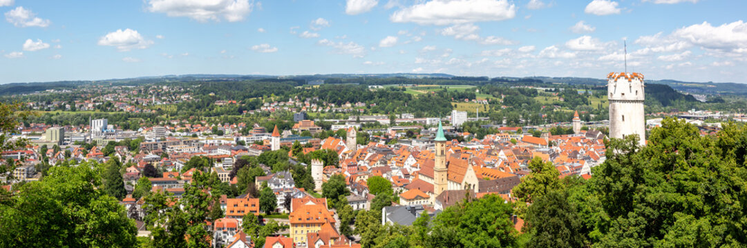View of Ravensburg city from above with Mehlsack Turm tower and old town panorama in Germany
