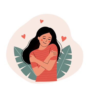 Happy young woman hugging herself with enjoying emotions isolated. Vector flat cartoon illustration