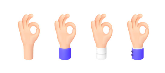 Ok Sign. Okey - Hand Gesture. Set of 3d Cartoon Character Hand with different sleeves. Icon for Apps, Web, T-shirts, Advertising, Posters etc. isolated on white. Vector