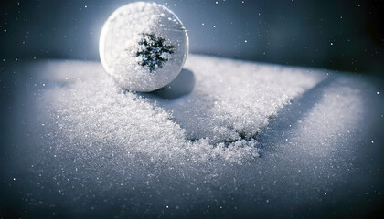 Snow ball, winter snow background. Shine of snow in the light. Beam of light on the snow. Night snow. 3D illustration.