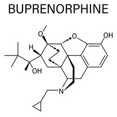 Skeletal formula of Buprenorphine opioid addiction and pain killer drug molecule.