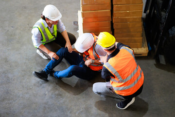 Top view. First Aid and safety first. Engineering talking on walki talki radio to employee while...