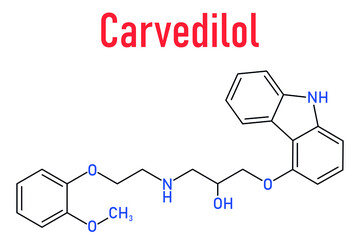 Skeletal formula of Carvedilol congestive heart failure drug molecule.
