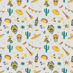 Seamless pattern with Mexican elements. Cactus, skull, hat and more. Hand-drawn flat vector illustration.