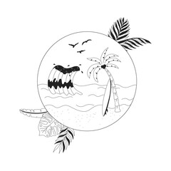 Badge with sea, palm tree and surfboard in a circle. Outline vector illustration. The concept of surfing.