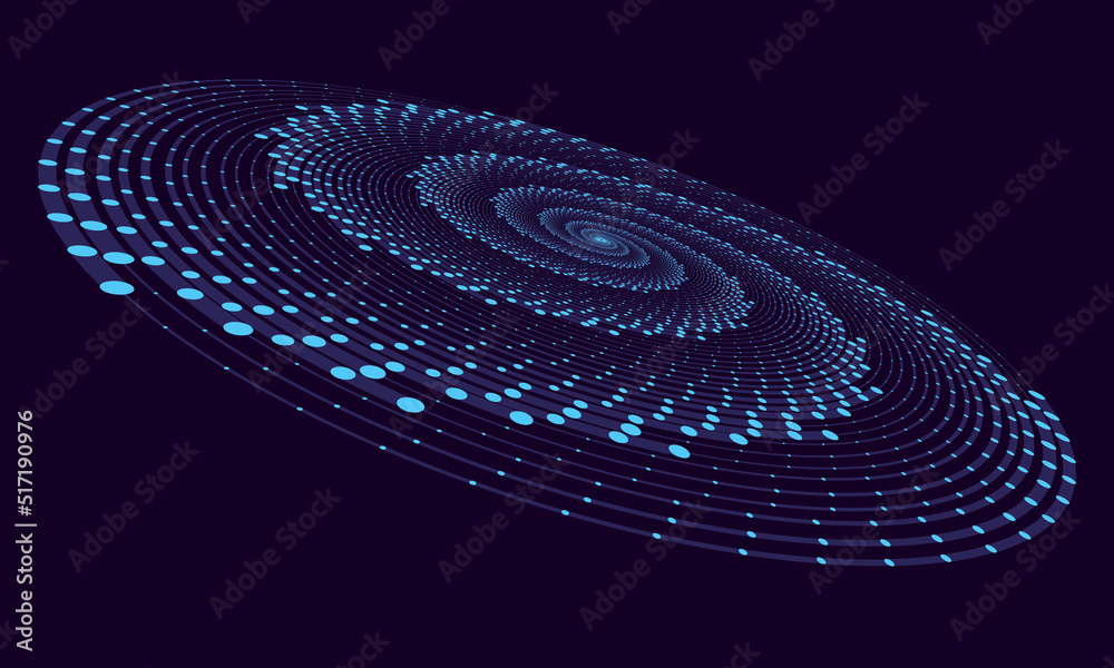 Poster perspective view to abstract halftone dotted circle. spiral universe concept. hypnotic illustration 