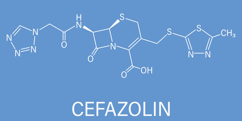 Skeletal formula of Cefazolin antibiotic drug molecule. First-generation cephalosporin antibiotic used for the treatment of a number of bacterial infections.