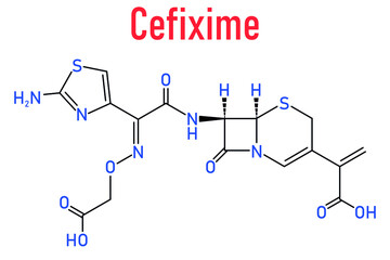 Skeletal formula of Cefixime antibiotic drug molecule.