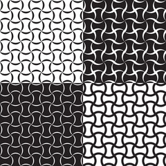 Set of 4 seamless monochrome abstract patterns with curved lines.