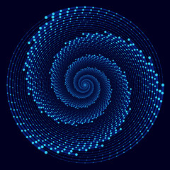 Spiral blue lines with dots as dynamic abstract vector background or logo or icon. Yin and Yang symbol. Hypnotic illustration on dark background.