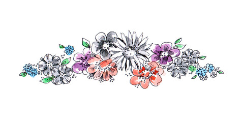 Floral garland on white background. Watercolor flower. Illustration for decor. 