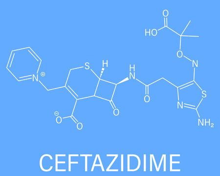 Skeletal formula of Ceftazidime cephalosporin antibiotic drug molecule.