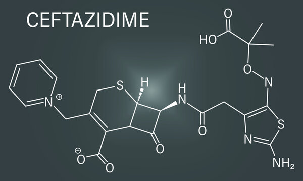 Skeletal formula of Ceftazidime cephalosporin antibiotic drug molecule.