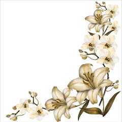 Corner with flowers lily and orchid.  Illustration for decor.