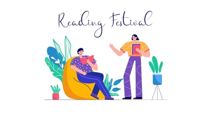 Modern people reading book festival. Set of characters enjoying their hobbies,  leisure. Vector illustration in flat cartoon style. - 517191772
