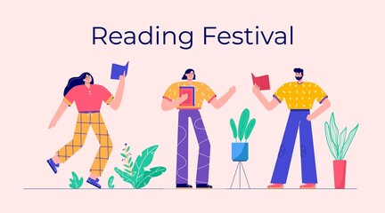 Naklejka na ściany i meble Modern people reading book festival. Set of characters enjoying their hobbies, leisure. Vector illustration in flat cartoon style.