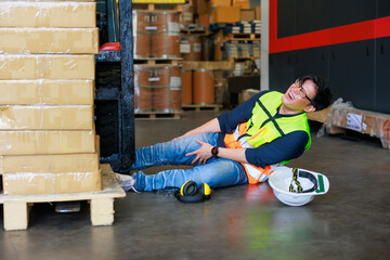 First Aid and safety first concept. Warehouse man worker lying down on floor after accident in...