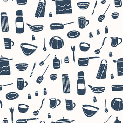 Seamless pattern with kitchen utensils in the doodle style.
