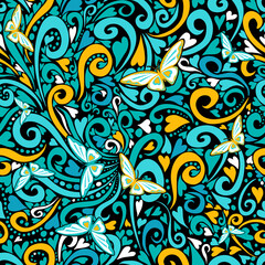 Seamless pattern of yellow leaves and blue butterflies. Vector illustration