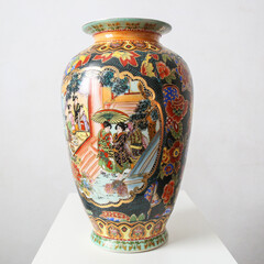 large chinese porcelain vase with traditional painting on a white background