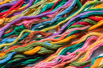 multi-colored threads for embroidery, floss, Mixed colorful texture of interlaced threads