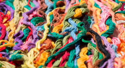 multi-colored threads for embroidery, floss, Mixed colorful texture of interlaced threads