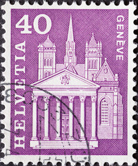 SWITZERLAND - CIRCA 1967: a postage stamp from Switzerland, showing the historic Swiss building the...