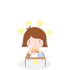 A cartoon little girl with brown short hair and eyes holding a pencil, writing and thinking in the middle of white and gray background with space. Studying mathematics concepts. Vector Illustration