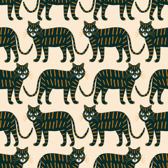 Fototapeta na wymiar Black African tigers hand drawn vector illustration. Funny safari animal seamless pattern for kids fabric or wallpaper.