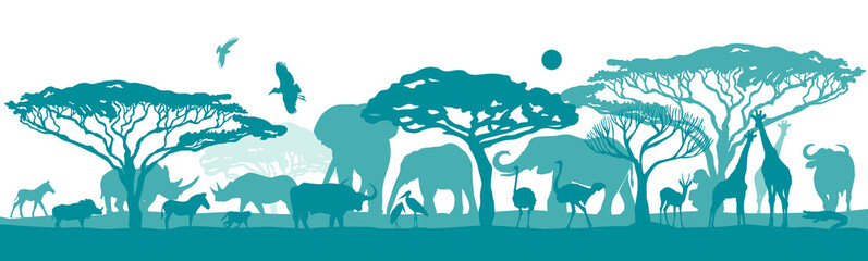 African blue landscape with animals. Vector illustration