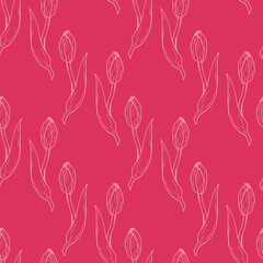 Fototapeta na wymiar Seamless pattern with light pink tulips on bright pink background. Vector image.