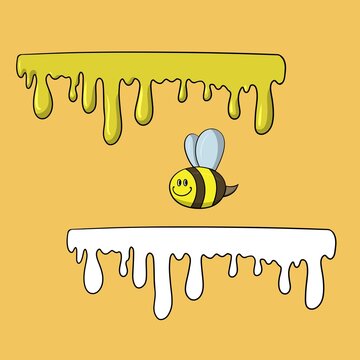 A set of pictures, Drops of bright yellow bee honey, streams of honey, vector illustration in cartoon style