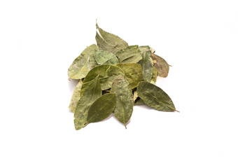 monton de hojas de coca sobre fondo blanco. Concepto de plantas.
