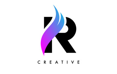 Letter R Logo Icon Design with Purple Swoosh and Creative Curved Cut Shape Vector
