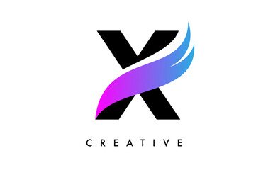 Letter X Logo Icon Design with Purple Swoosh and Creative Curved Cut Shape Vector