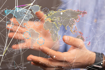 network holding in hand 3d connection data.