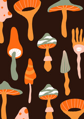 1970 psychedelic groovy coloful mushrooms card design. Graphic T-shirt, Cover, Sticker. Retro Style, Crazy, Hippie Aesthetics. Colorful 1970 shine