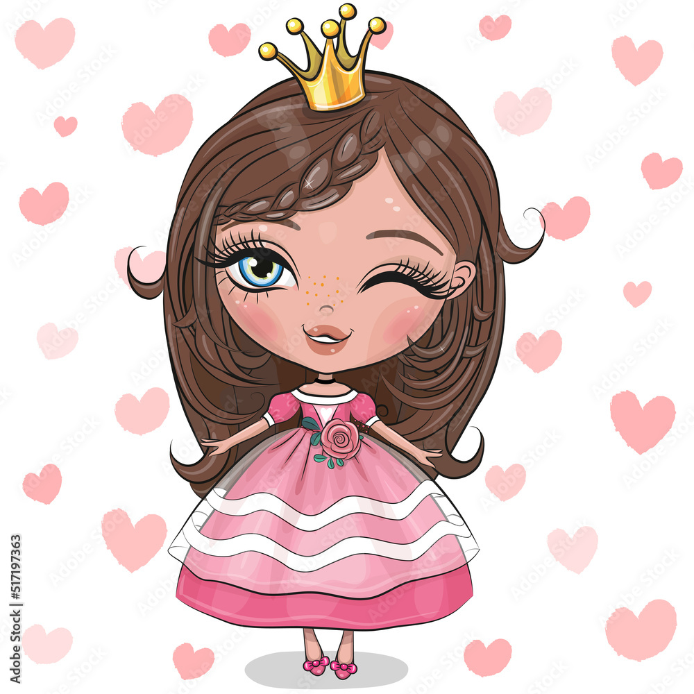 Sticker little princess in a pink dress with hearts isolated on a heart background