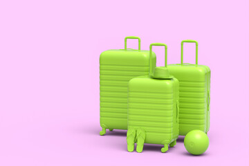 Suitcase with beach ball and flip flops on monochrome pink background.