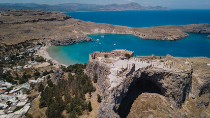 Aerial view of Lindos Acropolis, in Rhodes Island, Greece, with the ocean in the background