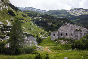 Fototapeta na wymiar World War One Barracks and Fortress Ruins in Mali Lepoc near Lake Krn in Triglav National Park, Slovenia.